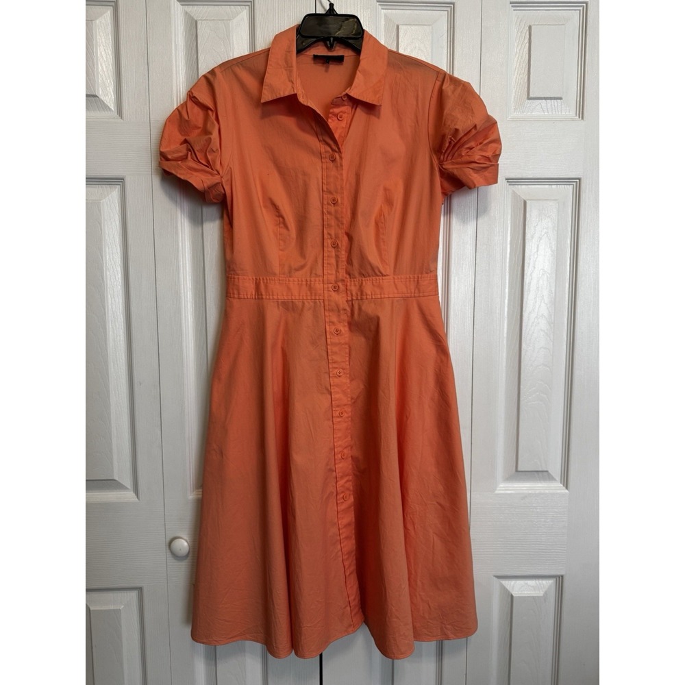 Donna Karan Orange Cotton Button Front Shirt Dress Midi Fitted Waist Womens 8